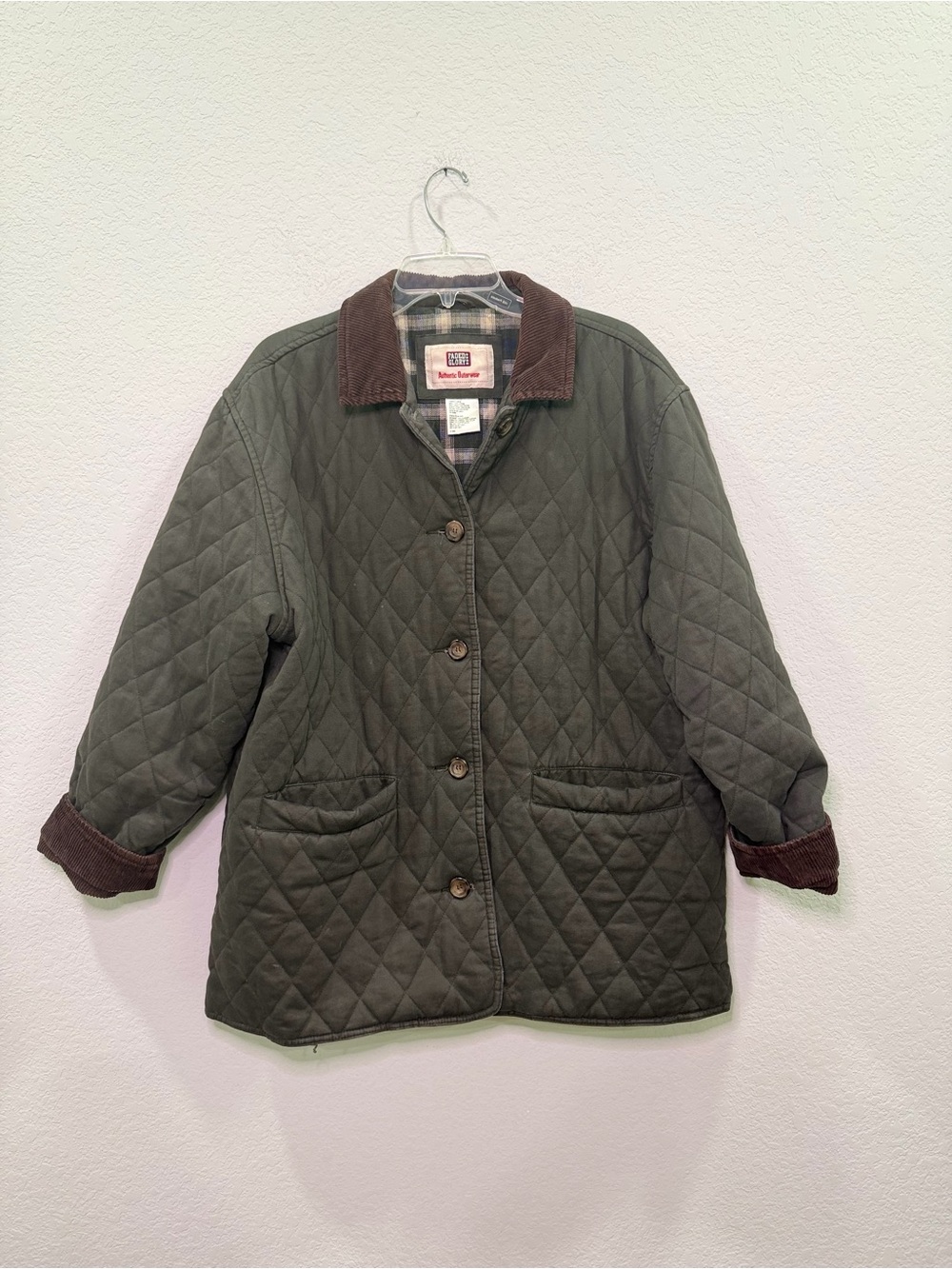 Faded Glory Quilted Olive Green Jacket with Brown Corduroy Collar - L